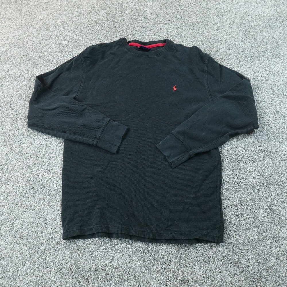Polo Ralph Lauren Shirt Mens L Black Waffle Knit Thermal Long Sleeve Crewneck